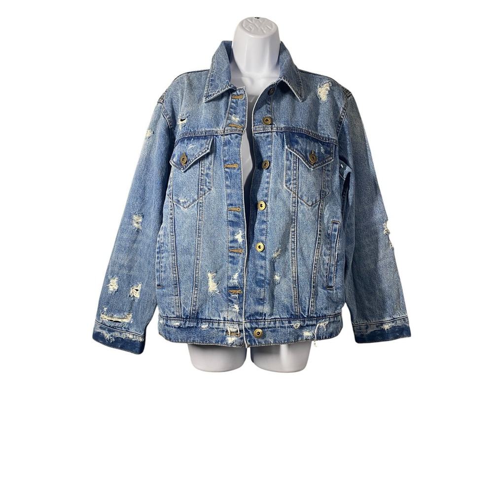 Pistola Women's Blue Button Up Jean Jacket Distressed‎ Front Pockets Size Small